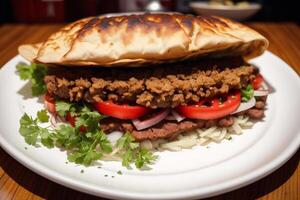 ein Teller mit Döner Kebab auf ein hölzern Tisch. Schaschlik Kebab, Fleisch Stöcke. generativ ai foto