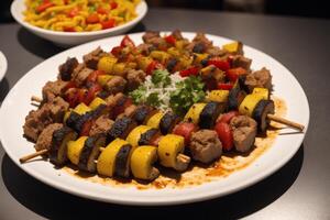 ein Teller mit Döner Kebab auf ein hölzern Tisch. Schaschlik Kebab, Fleisch Stöcke. generativ ai foto