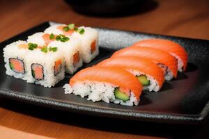 japanisch Küche. Sushi und Rollen auf das Tabelle im das Restaurant. generativ ai foto