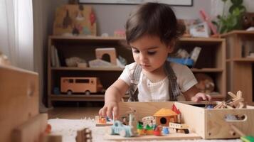 ai generativ süß wenig Kinder spielen mit Spielzeuge im das Zimmer ai generiert Kunstwerk foto