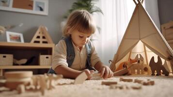 ai generativ süß wenig Kinder spielen mit Spielzeuge im das Zimmer ai generiert Kunstwerk foto