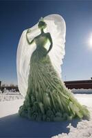 Frau im ein Grün Kleid Stehen im das Schnee. generativ ai. foto