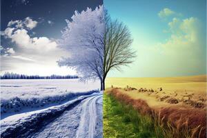 Baum Sitzung im das Mitte von ein Schnee bedeckt Feld. generativ ai. foto