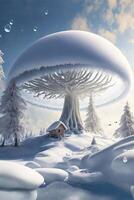 groß Pilz mögen Struktur im das Mitte von ein schneebedeckt Landschaft. generativ ai. foto