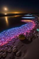 Strand gefüllt mit viele von Felsen Nächster zu ein Körper von Wasser. generativ ai. foto