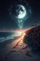 Gemälde von ein Strand beim Nacht mit ein voll Mond. generativ ai. foto
