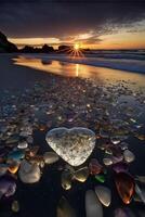 Herz geformt Objekt Sitzung auf oben von ein sandig Strand. generativ ai. foto