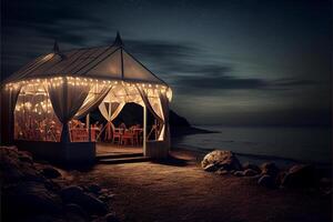 Pavillon Sitzung auf oben von ein Strand Nächster zu das Ozean. generativ ai. foto