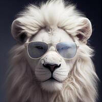 schließen oben von ein Löwe tragen Sonnenbrille. generativ ai. foto