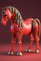 schließen oben von ein Spielzeug Pferd auf ein rot Hintergrund. generativ ai. foto