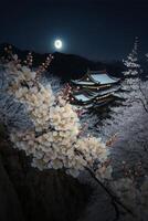 schließen oben von ein Baum mit ein Mond im das Hintergrund. generativ ai. foto