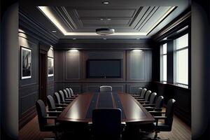 Konferenz Zimmer mit ein lange Tabelle und Stühle. generativ ai. foto
