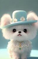 klein Weiß Hund tragen ein Blau Hut. generativ ai. foto