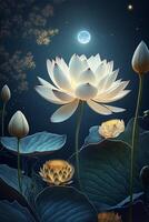 Gemälde von ein Lotus Blume mit ein voll Mond im das Hintergrund. generativ ai. foto