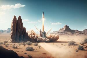 ein Rakete Starten von ein Wüste Landschaft, mit ein Weg von Staub und Rauch links im es ist aufwachen. ai generiert foto