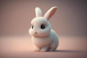 ein süß 3d Karikatur Kaninchen, mit ein flauschige Weiß Schwanz, Rosa Nase, und lange Ohren. ai generiert foto