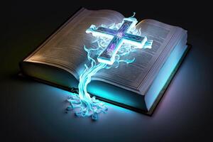3d Kruzifix auf Bibel Buch Aura Licht. ai generiert foto