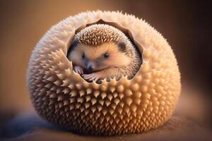 ein winzig Igel zusammengerollt oben im ein Ball, mit es ist Stacheln kleben aus alle um. ai generiert foto