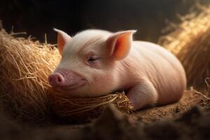 ein winzig Ferkel Nickerchen machen auf ein Bett von Stroh. ai generiert foto