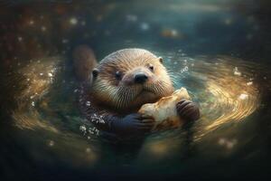 ein spielerisch Otter schwebend auf es ist zurück im ein Fluss, halten ein Schale im es ist Pfoten. ai generiert foto