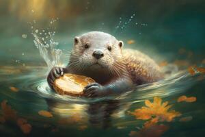 ein spielerisch Otter schwebend auf es ist zurück im ein Fluss, halten ein Schale im es ist Pfoten. ai generiert foto