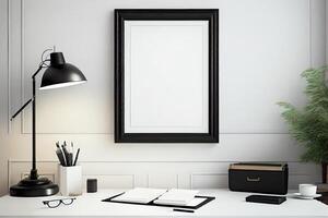 Attrappe, Lehrmodell, Simulation von schwarz hölzern Bild Frames auf ein Tabelle mit leeren Raum innen. auf das Weiß Leben Zimmer Mauer . ai generiert foto