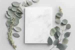 Marmor Papier leer, Eukalyptus Geäst auf Pastell- grau Hintergrund, generieren ai foto