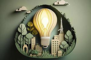 Papier Schnitt von Licht Birne mit Grün Öko Stadt , verlängerbar Energie durch 2050 Kohlenstoff neutral Energie oder Gewächshaus Gas Emission co2 , speichern Energie kreativ Idee Konzept, generieren ai foto