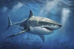 ein großartig Weiß Hai Schwimmen im das Ozean, ein fotorealistisch Gemälde foto