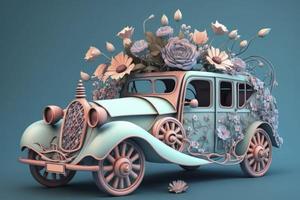 Auto mit Blumen auf Blau Hintergrund , Pastell- Farben, 3d machen und Illustration foto