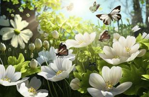 Wald Lichtung mit viele von Weiß Frühling Blumen und Schmetterlinge auf ein sonnig Tag foto