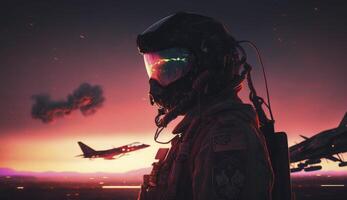 Sonnenuntergang von hinten beleuchtet Aussicht von Militär- Kämpfer Jet Pilot neben geparkt Militär- Luftwaffe Flugzeug Nächster zu Kaserne oder Halle wie breit Banner mit Copyspace - - generativ ai foto