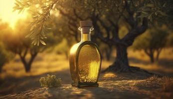 golden Olive Öl Flasche auf hölzern Tabelle Olive Feld im Morgen Sonnenschein mit Copyspace Sind, generieren ai foto