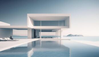 Luxus Wohn minimalistisch Villa mit Schwimmbad und Ozean auf Horizont. postproduziert generativ ai Illustration. foto
