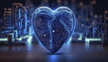 Blau Herz geformt wie Computer Schaltkreis Tafel. postproduziert generativ ai Digital Illustration. foto