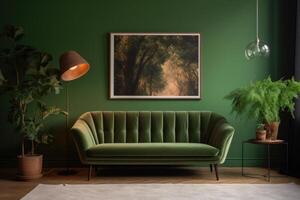 Luxus Leben Zimmer im Haus mit modern Innere Design, Grün Samt Sofa, Kaffee Tisch, Puff, Gold Dekoration, Anlage, Lampe, Teppich, spotten oben Poster rahmen. Vorlage. generativ ai foto