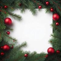 Tanne Baum Geäst mit rot Weihnachten Bälle Rahmen Lager Foto Weihnachten, generieren ai