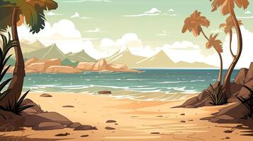 Himmel und Sonne beim Meer Hintergrund, Ozean und Strand Vektor Insel Landschaft leeren Karikatur. Ozean oder Meer Wasser mit Wellen und Wolken im Himmel Sommer- Blau Seelandschaft mit wolkig Himmel und Strand. generativ ai foto