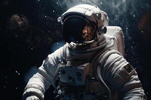 Astronaut auf ein Felsen Oberfläche mit ein Raum Hintergrund. ein Astronaut Stehen auf das einsam Planet mit ihm suchen nach vorne. generativ ai foto