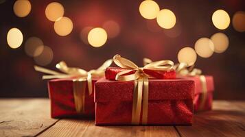 Weihnachten die Geschenke eingewickelt im rot Papier mit Gold Band auf auf hölzern Tabelle Hintergrund und Bokeh. Platz zum Typografie und Logo. Kopieren Raum. generativ ai. foto