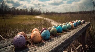 Reihe von bunt Ostern Eier auf hölzern Tabelle und Bokeh Hintergrund, Platz zum Typografie und Logo. rustikal hölzern Tisch. Ostern Thema. generativ ai. foto