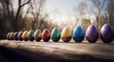 Reihe von bunt Ostern Eier auf hölzern Tabelle und Bokeh Hintergrund, Platz zum Typografie und Logo. rustikal hölzern Tisch. Ostern Thema. generativ ai. foto