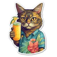 das süß Katze trägt ein Hawaii Hemd und hält ein Cocktail im seine Hand. Vektor Illustration. generativ ai. foto