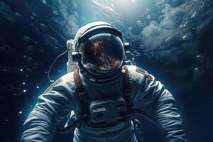 Astronaut auf ein Felsen Oberfläche mit ein Raum Hintergrund. ein Astronaut Stehen auf das einsam Planet mit ihm suchen nach vorne. generativ ai foto