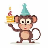 ein Karikatur Charakter von Affe halten ein Geburtstag Kuchen auf Weiß Hintergrund generativ ai foto