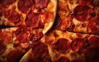 lecker Peperoni Pizza und Kochen Zutaten Tomaten Basilikum auf schwarz Beton Hintergrund. oben Aussicht von heiß Peperoni Pizza. mit Kopieren Raum zum Text. eben legen. Banner. generativ ai. foto