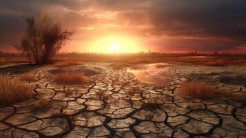 Land mit trocken und geknackt Boden. Wüste, global Erwärmen hintergrund.konzeptionell Bild von Klima ändern. generativ ai. foto