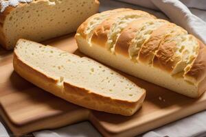 frisch gebacken Brot auf ein hölzern Planke, Nahansicht. Französisch Brot. generativ ai foto