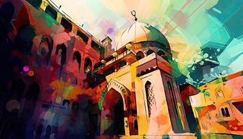 Wasser Farbe Gemälde Arabisch islamisch Typografie Design Mawlid al-nabawai al-Sharif Gruß Karte mit Kuppel und Minarett von das des Propheten Moschee. generativ ai foto