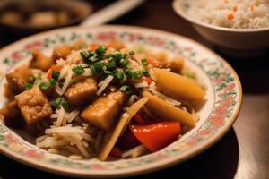 Chinesisch Essen, gebraten Schweinefleisch im Süss und sauer Soße mit Reis. Hähnchen Nudel Suppe. generativ ai foto